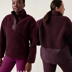 Athleta NEW  burgundy cozy sherpa‎ snap pullover sweatshirt size XL